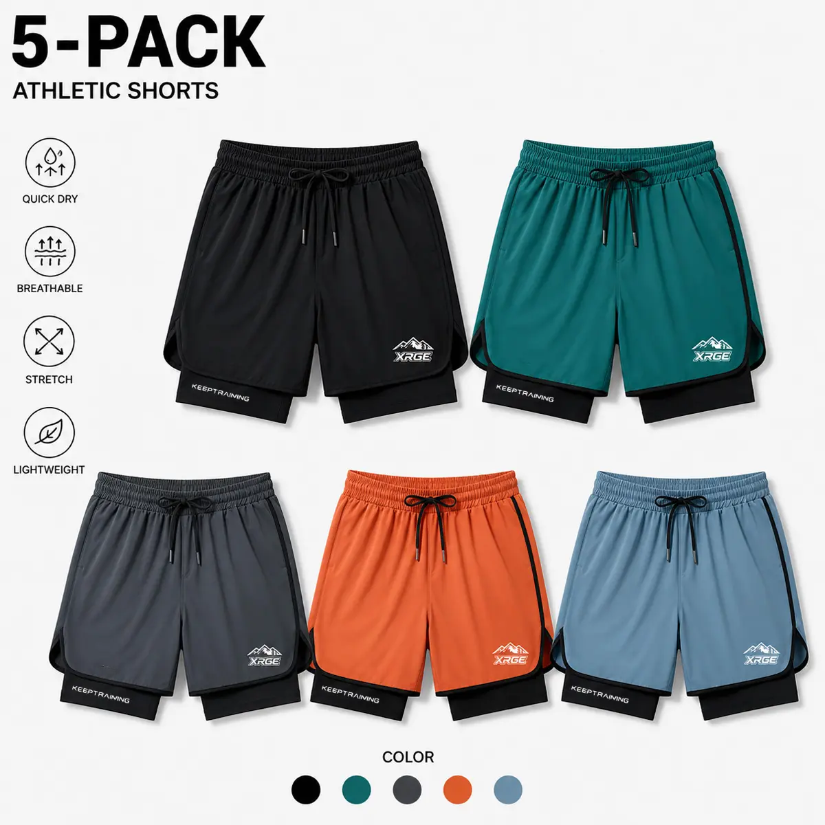 5-Pack Men’s Summer Faux Two-Piece Running/Workout Shorts — Athletic Shorts for Fitness