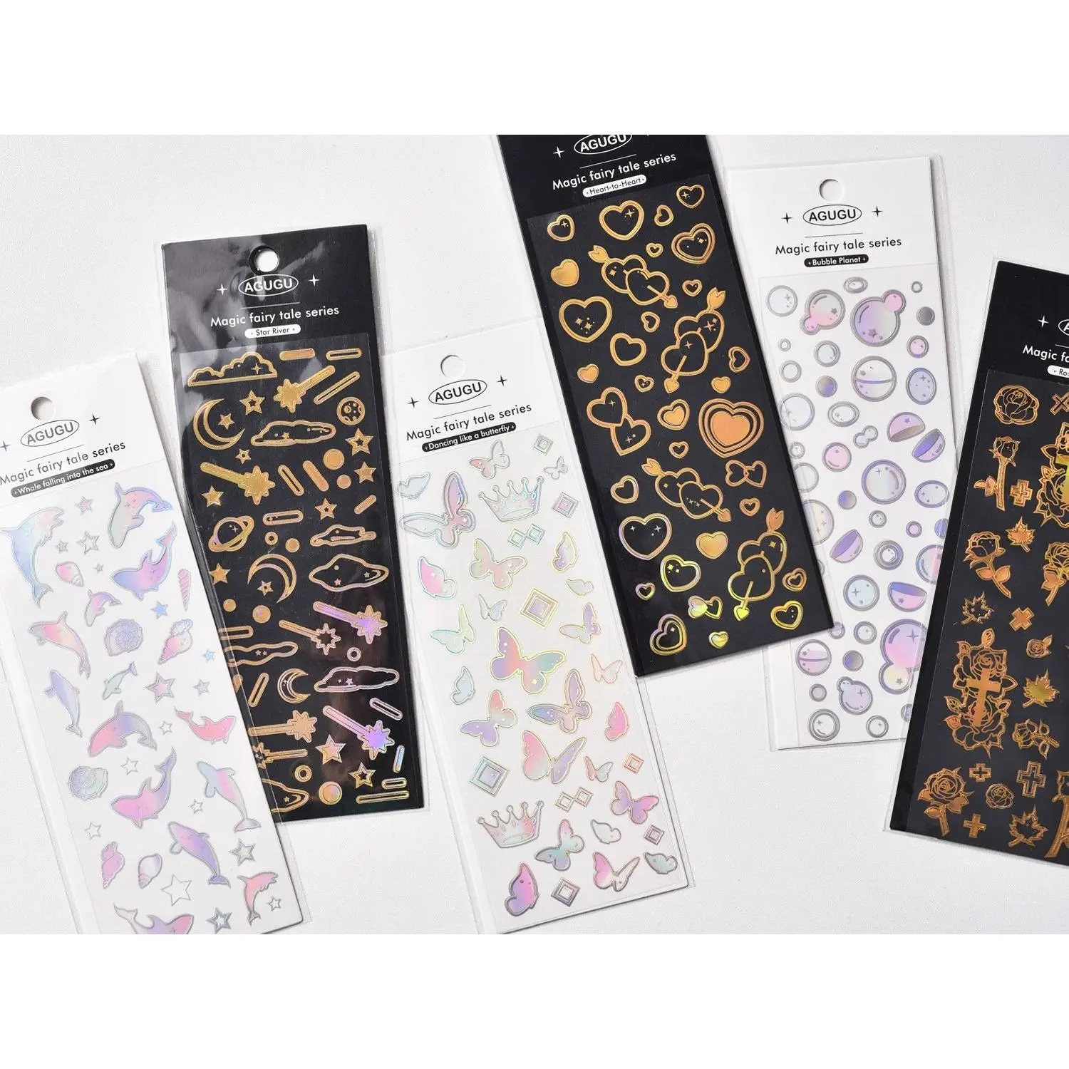 Gold Foil Deco Sticker Set with Various Designs, Includes Multiple Colors and Assorted Shapes