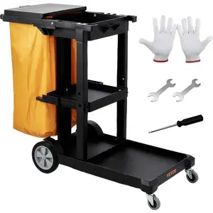 VEVOR Cleaning Cart, 3-Shelf Commercial Janitorial Cart, 200 lbs Capacity Plastic Housekeeping Cart, with 25 Gallon PVC Bag, 47x 20x 38.6, Yellow+GreyVEVOR Super Brand Day