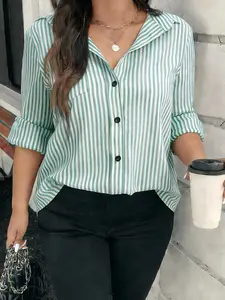 Fashion Striped Satin Button-Down Blouse, Shirts, Women Curve Plus Size Loose Casual 3/4 Sleeve Tops Y2K Clothes Street Style Daily Office Wear Trendy Date Outfits Cozy Coffee Shop Wear