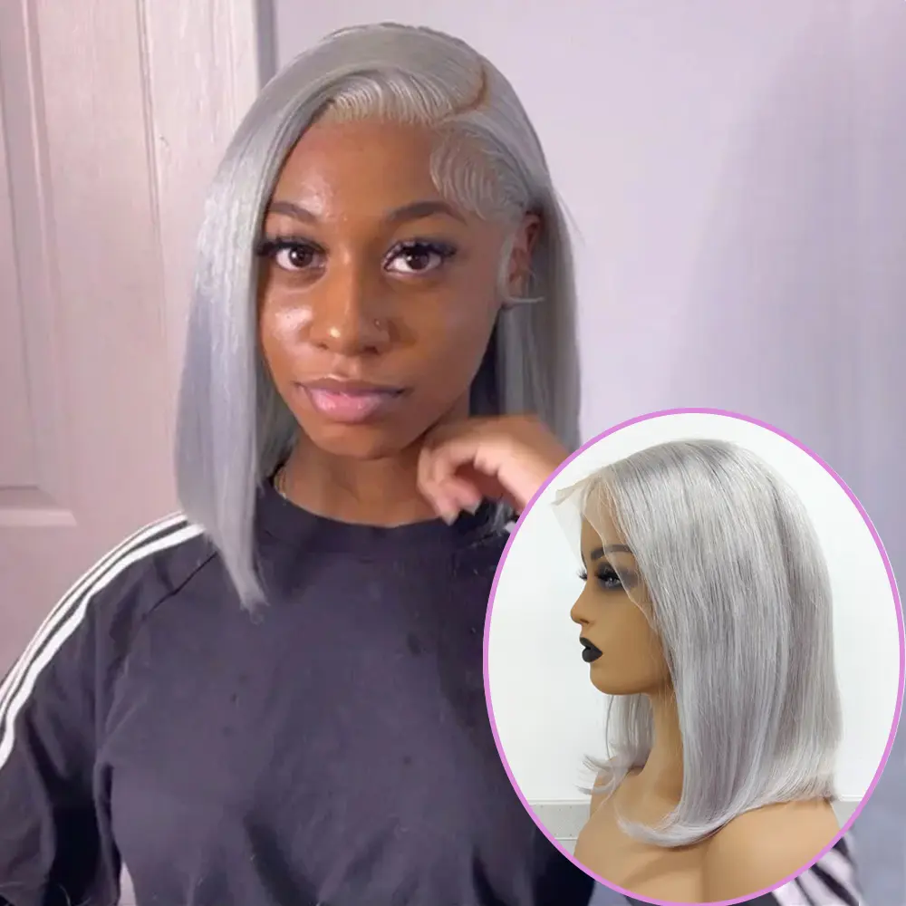 Grey Bob Wigs Human Hair 13x4 Lace Frontal 12Inch 180% Brazilian Human Hair Pre Plucked with Baby Hair for Women Short Glueless Grey Straight Hair Bleached Knots Silver Grey bob lace front Wigs