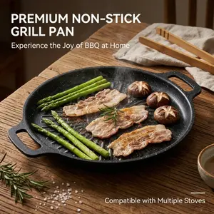 Non-Stick ound Grill Pan with Dual Handles, Even Heat Distribution Griddle for Korean BBQ, Steak, and Indoor/Outdoor Cooking