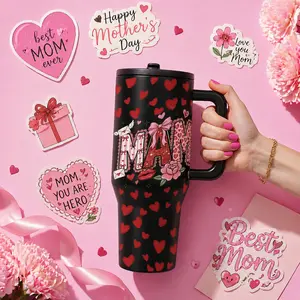 1 Pc 40oz insulated mug, Durable Insulated, large capacity vacuum cup, double wall, leak proof, with handle and lid, skinny design, for hot cold drinks, keep hot 12h cold 24h, heart print Mom design, Mother Day gift, travel daily use tumbler