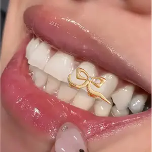 4 pcs Glossy Teeth Grillz - Hip-Hop Braces-like Dental Jewelry with Copper Inlaid Synthetic Zirconia, Easy-to-Wear Fake Grillz for Women, Parties, Everyday & Special Events - Cute & Edgy Oral Piercing Accessory, Teeth Jewelry, Party Dental Accessory