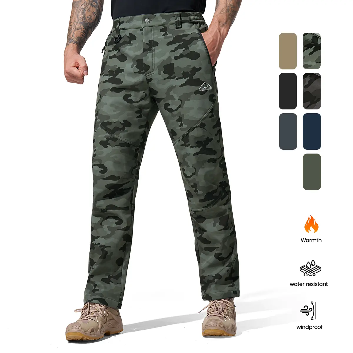 GOPUNE Men's Winter Casual Outdoor Pants Thermal Lined Water Resistant Snow Ski Work Camouflage Pants Reinforced Knee Hiking Tatical Pants with Multi Zipper Pockets Mens Trousers, for Work Ski Camping Ice Fishing Size 【30-46】