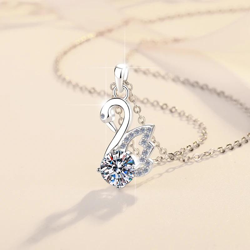 Moissanite Diamond Swan Pendant Necklace - 1.0 ct Sterling Silver Pendant with Swan Design and Sterling Silver Chain