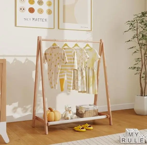 Wooden Kids Clothing Rack - Sturdy Pine Wood Garment Rack with Storage Shelf, Multi-Layer Organizer, Easy Assembly (31"/39" Natural) for Bedroom, Kids Room, Home Organization Needs Multipurpose durable