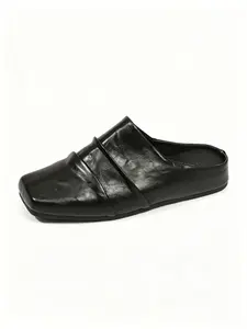 Versatile square-toe flat mule slipper - all PU soft leather one-piece shoe for daily wear or casual wear as a half-slipper for women - soft leather with pleats, flat sole - four-season women's shoe