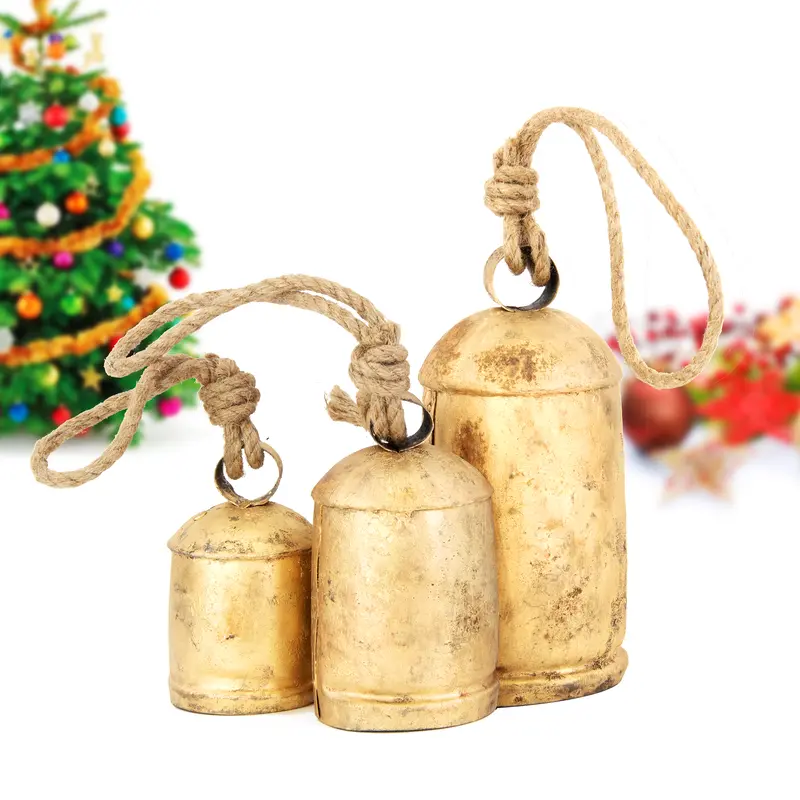 3-Piece Metal Vintage Rustic Cowbell Set with Aged Finish - Decorative Ornaments, Home Decor Items, Art Deco Shabby Chic Wall Hanging, Christmas Decor for Home, Housewarming Good Luck Gift for Cozy and Nostalgic Atmosphere