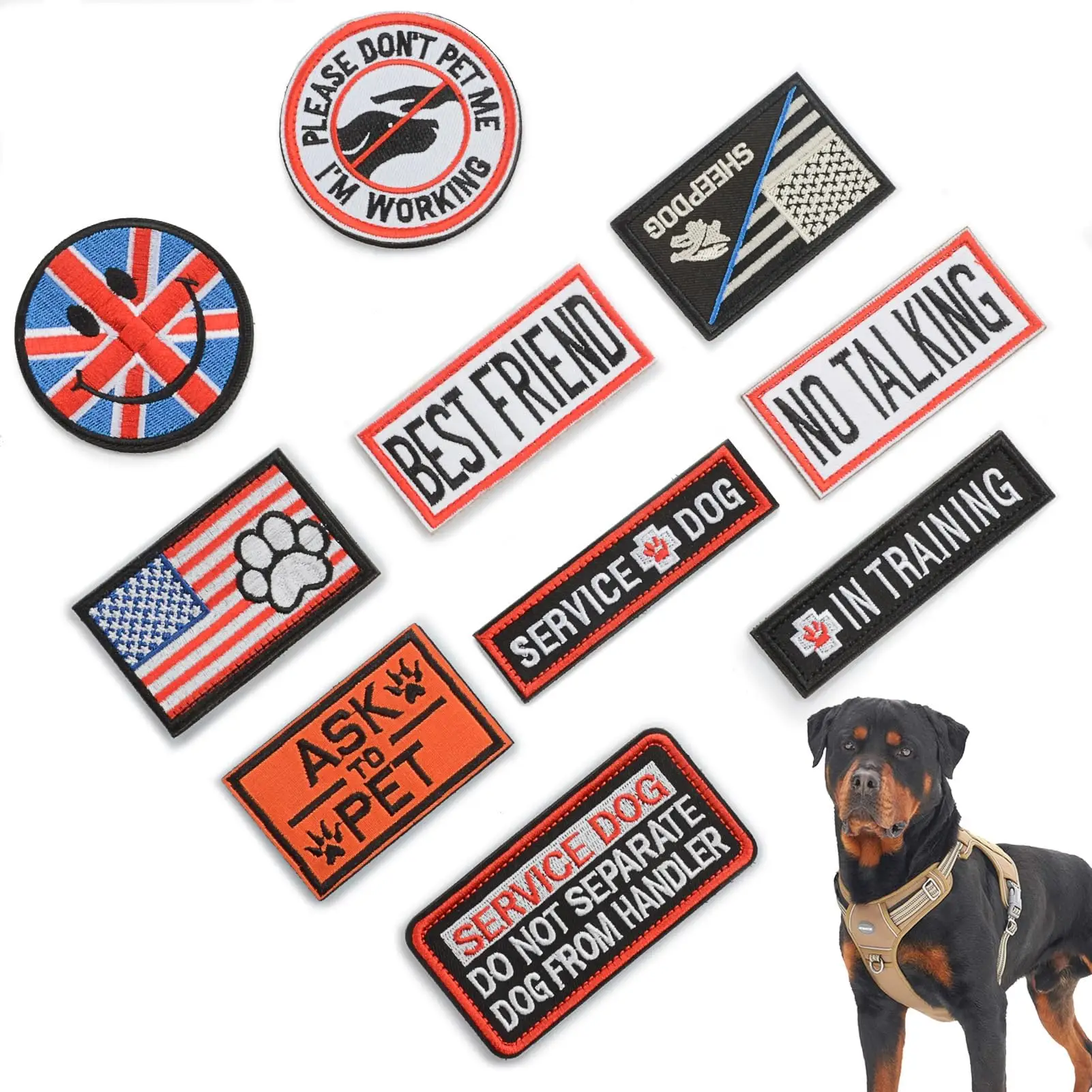 Auroth 10 Pieces Service Dog Patches, Tactical Morale Patches Bundle, Full Embroidery Loop and Hook Fasten Dog Harness Patches Set, American Flag Dog