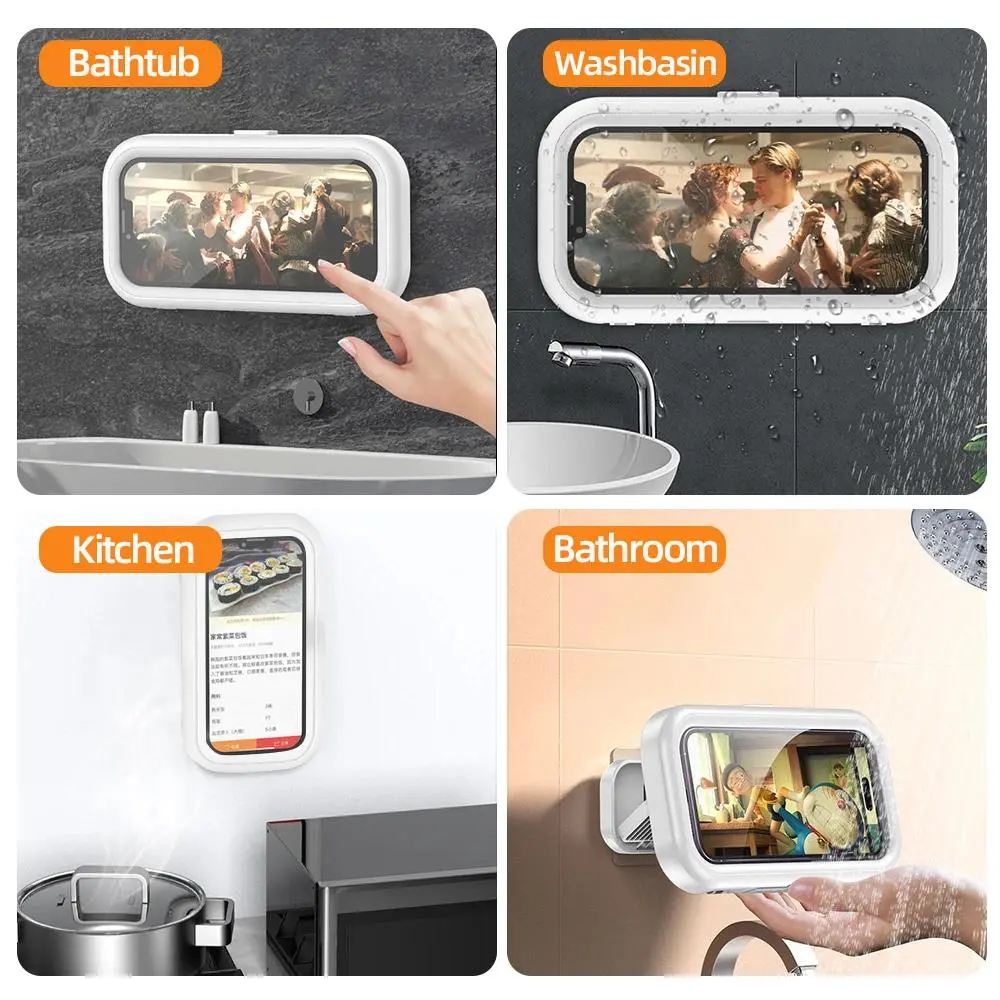 Waterproof Phone Holder Bathroom Home Wall Mobile Phone Stand Case Self-adhesive Touch Screen Phone Shell Shower Sealing Storage