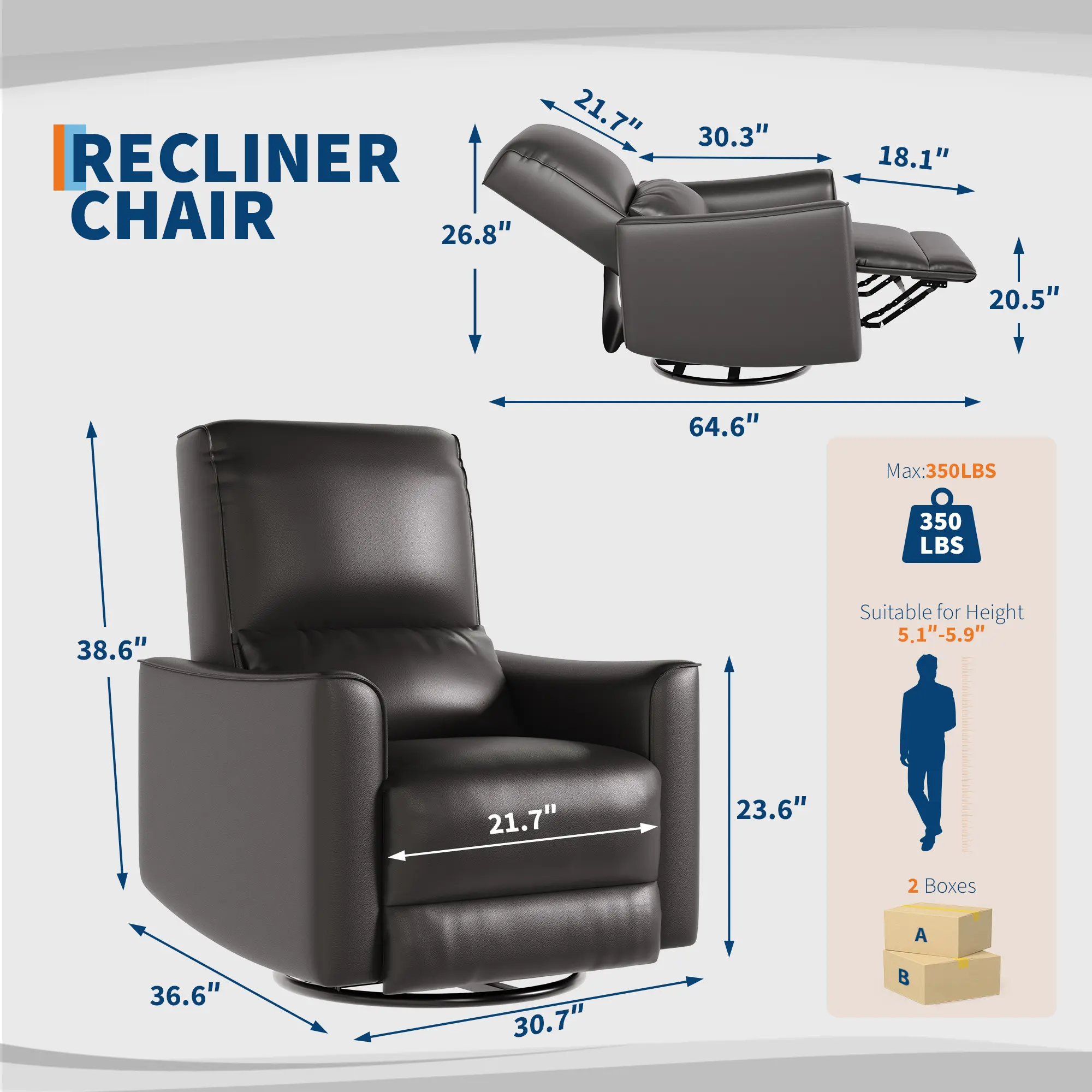 Ergonomic Swivel Rocking Recliner Chair - Manual Faux Leather Upholstered Glider with High Back, Padded Arms, Lumbar Support, Adjustable Recline, Tool-Free Setup, Easy-Clean for Living Room, Nursery