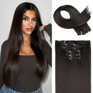 Clip in Hair Extensions 6PCS 24" Long Black Brown with Highlight Straight Synthetic Clip On Hairpiece For Women Natural Hair For Daily Use Cosplay Party instant length
