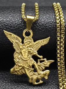 Archangel St.Michael Protect Me Necklace for Women Men Stainless Steel Saint Protection Chain corrente masculina