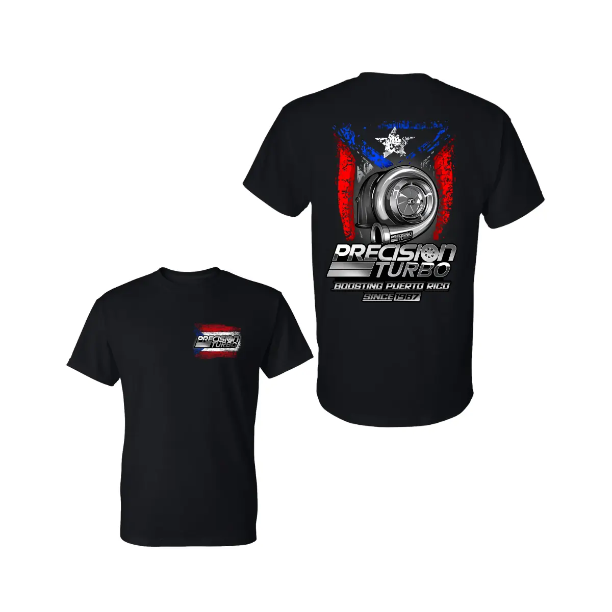 Precision Turbo T Shirt, Puerto Rico Flag with Turbocharger Graphic and Metallic Lettering, 2 Sides Graphic Tee, Soft Cotton Blend Shirt, Streetwear for Men and Women, Gift for Car Enthusiasts