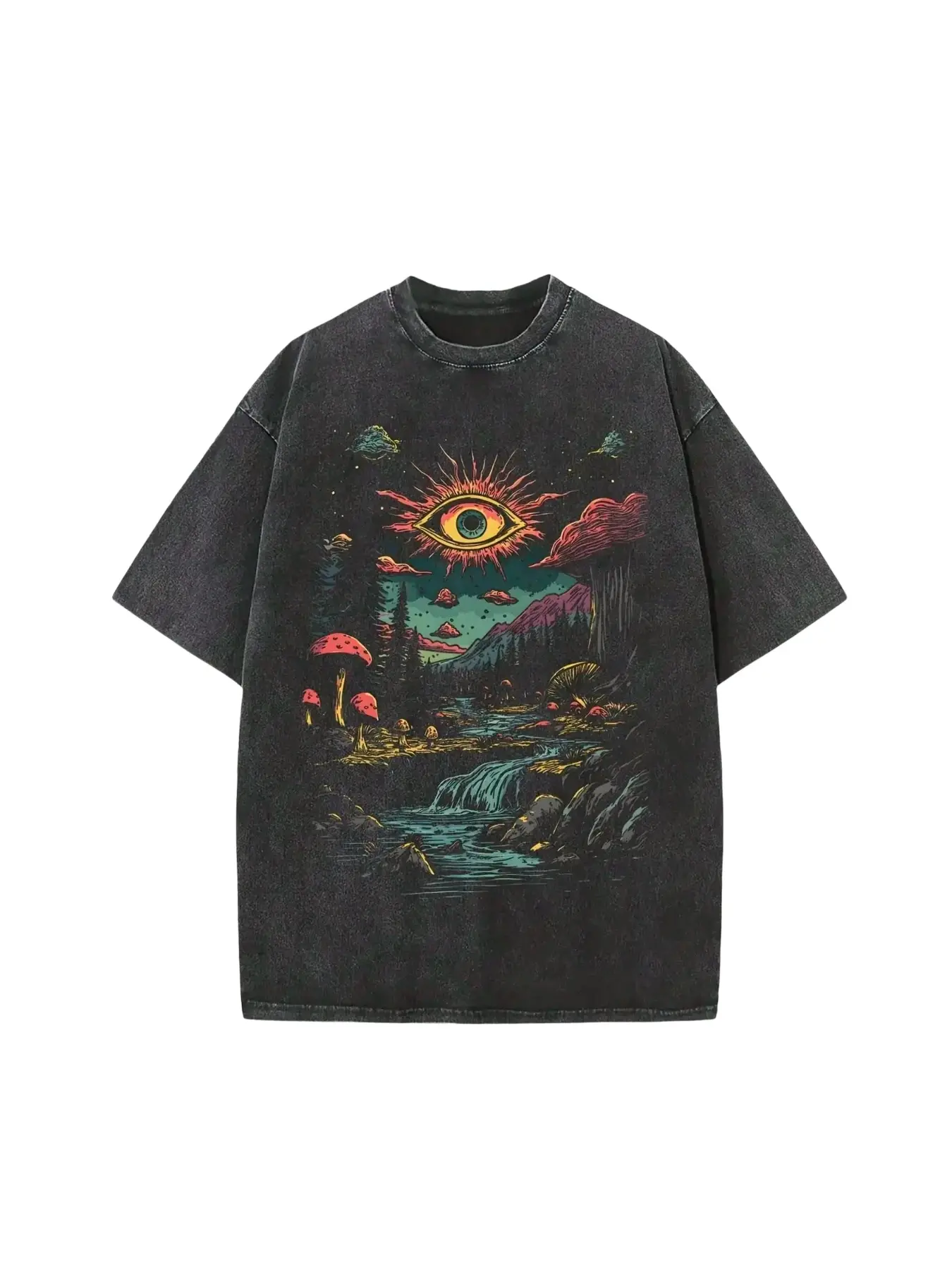 Men's Summer Casual Shortsleeve Round Neck 230G Washed Distressed T-Shirt, "Fantasy Forest And Sun Eye" Wax Printed Cotton, Festive Halloween Y2K Soulja Gothic Vintage Streetwear Tee, Great Gift for Outdoor Activities Menswear Top