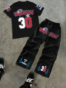 Men's Brooklyn 30 Print Short Sleeve Set, Sporty Ball Jersey Elements & City Symbols, Casual Street Style, Daily Wear, Fitted Design