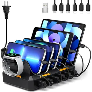 Station for Multiple Devices,  6 in 1 Multi Charger Station  Dock for Cellphone Tablet  iPad and More - 50W  Station Organizer with 6 Mixed  Cables
