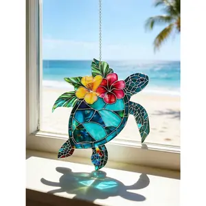 1pc Bohemian Style Sea Turtle Window Hanging Decor, Tropical Floral Sea Turtle Window Ornament, Beach Style Pendant, Ocean Themed Window Decoration, Summer Coastal Home Decor, Balcony Patio Garden Window Hanging, Beach Style Home Accents, D
