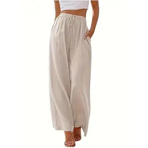 Women's Linen Summer Palazzo Pants Flowy Wide Leg Beach Pants with Pockets