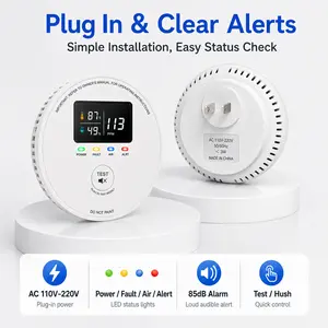 Round White Plug-In Air Quality Monitor with Digital Display, Temperature & Humidity Reading, Air Status Reminder, LED Indicator Lights, Test/Hush Button for Home, Kitchen, Bedroom, Basement, RV