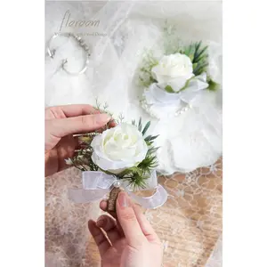 Ivory Rose Wrist Corsage Wristlet Band Bracelet and Men Boutonniere Set for White Wedding Flower Accessories Prom Suit Decorations