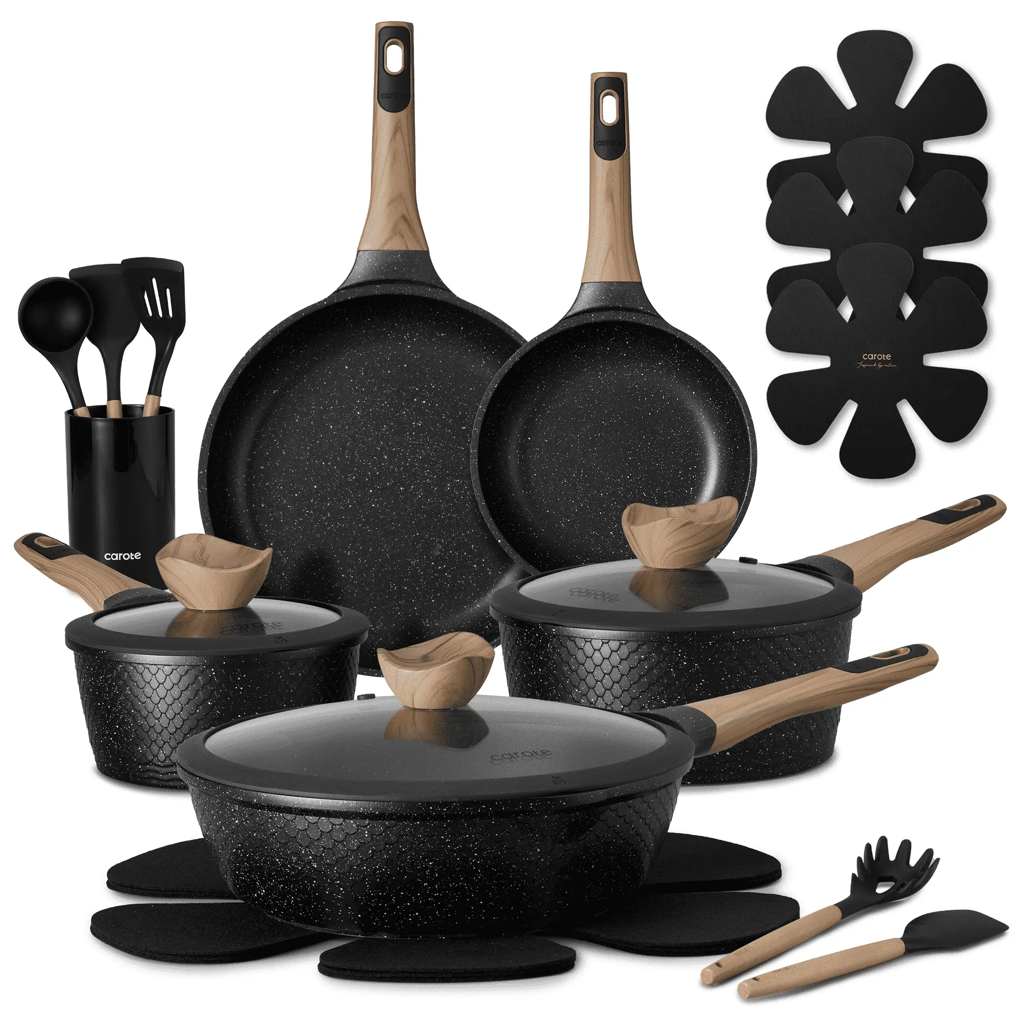 CAROTE 18-Piece Nonstick Pots and Pans, Granite Cookware Set with Kitchen Utensils, Black