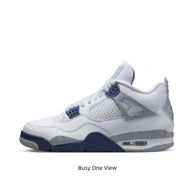 Clean white navy blue high top basketball sneakers speckled grey cement overlay air cushioned street trainers
