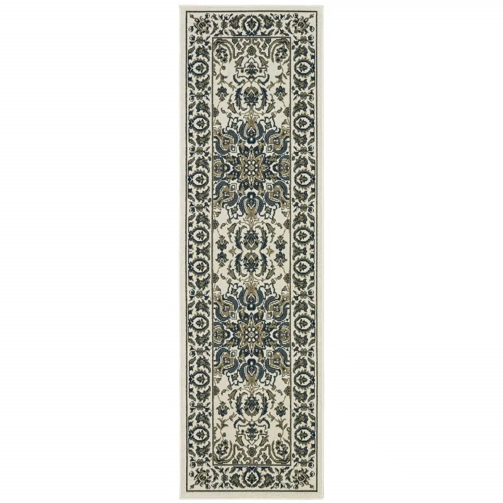 360 stand 2 x 8 ft. Rectangle Area Rug - Ivory Neutral Tones, Oriental Motif, Power Loom, Stain Resistant, Indoor/Outdoor, Vintage, Home Decor Rug, Household Decorative Rug