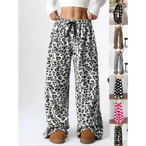 Women's Leopard Print Bow Decor Elastic Waist Wide Leg Athleisure Style Pants, Casual Soft Comfy Fit Trousers for Daily Wear, Ladies Bottoms for Fall & Winter Womenswear
