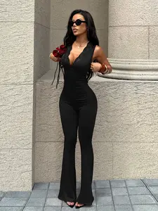 Women's Summer Sleeveless V-Neck Lace Trim Bell Bottom Fitted Jumpsuit, Perfect for Daily, Sports, Travel, Casual Wear, Womenswear