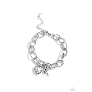 Guess Now Its INITIAL - White - K Heart Gem Letter Alphabet Silver Charm Bracelet - Paparazzi