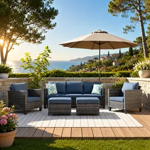 【Summer Vibes】Ovios Patio Furniture Set 5-Piece Outdoor Wicker Rattan Sofa Set with Cushions, High Back Sectional Conversation Set with Ottomans, All-Weather Patio Furniture for Backyard Garden Deck Patio Balcony