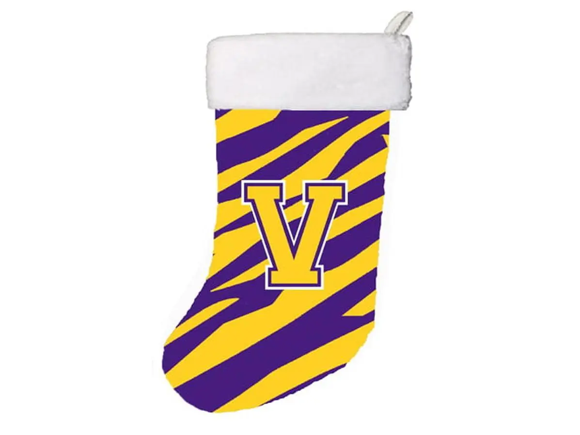 Tiger Stripe - Purple Gold Initial V Monogram Initial Christmas Stocking