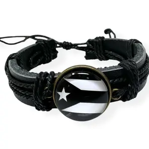 Black & White Puerto Rico Flag Bracelet Handmade Unisex Black Leather Adjustable Jewelry with Glass Flag Design for Men Women