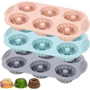 Jello Molds 3pcs Silicone Fluted Tube Cake Pans, 6 Cavity Bundtlette Cake Silicone Mold for Baking Non Stick Fancy Molds (Pink+Blue+Gray, Fluted Tube)
