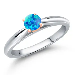 Gem Stone King 925 Silver & 10K Rose Gold Gemstone Birthstone Solitaire Engagement Ring For Women | Round 4MM | 2-Tone Wedding Anniversary Promise Ring | Size 5-9