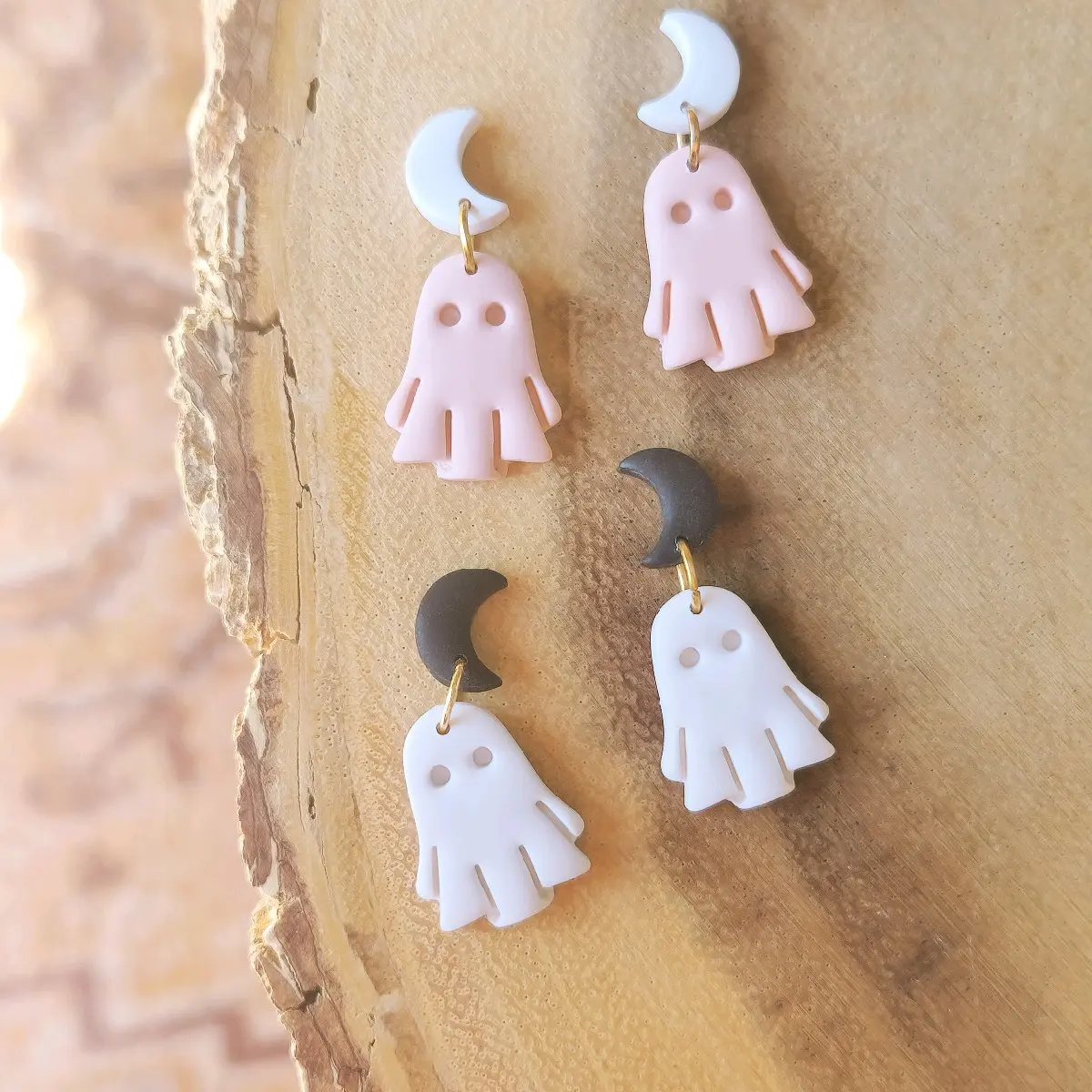 Moon Boos | Ghosts, Moons, Retro, Boho, Spooky, Halloween, Fall Earrings | Handmade, Lightweight, Hypoallergenic Polymer Clay Earrings