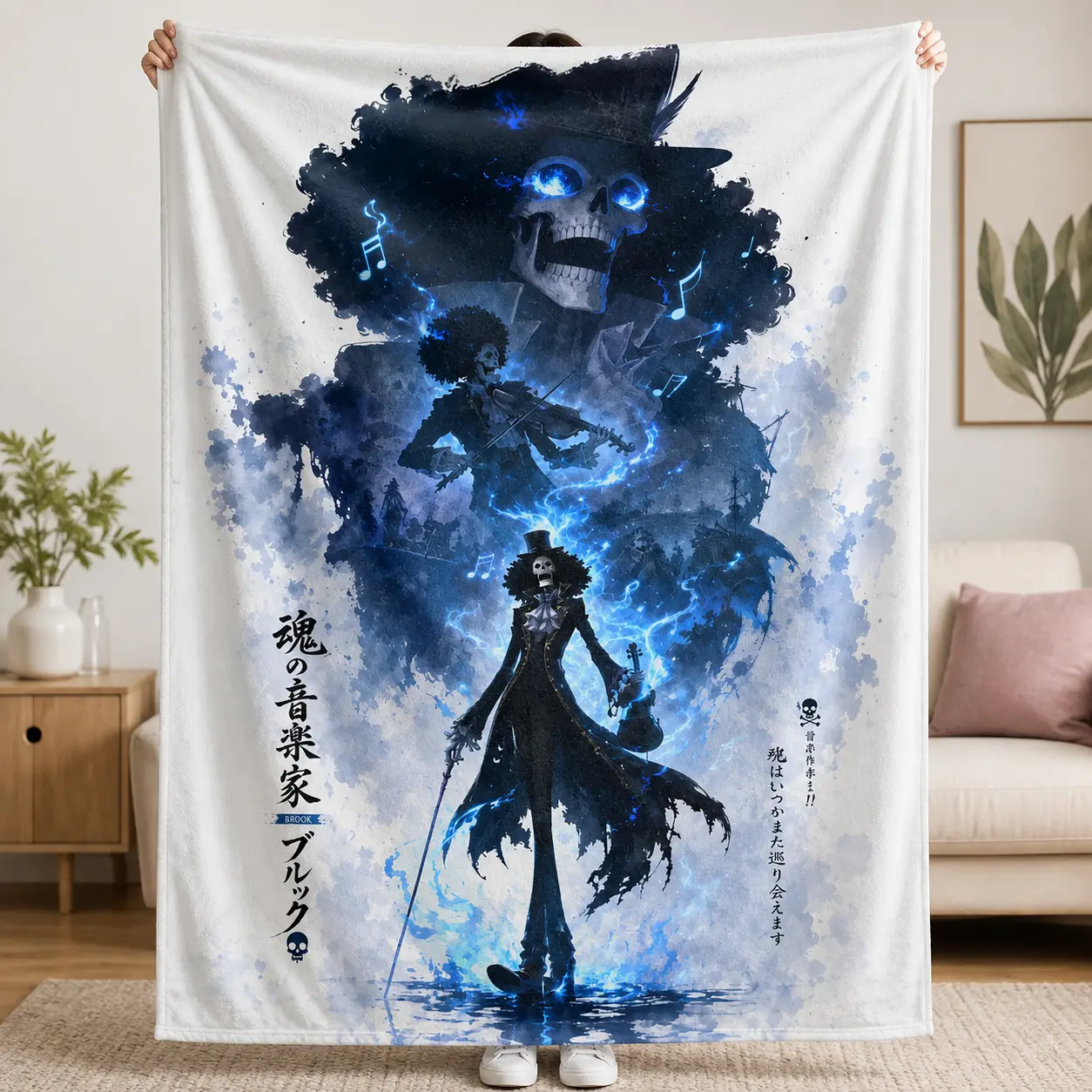 Skeleton Musician Flannel Throw Blanket, Blue Flame Gothic Anime Style Soft Cozy Fleece Blanket, Violin Fantasy Graphic Bedroom Couch Gaming Room Decor, Gift for Music & Anime Fans
