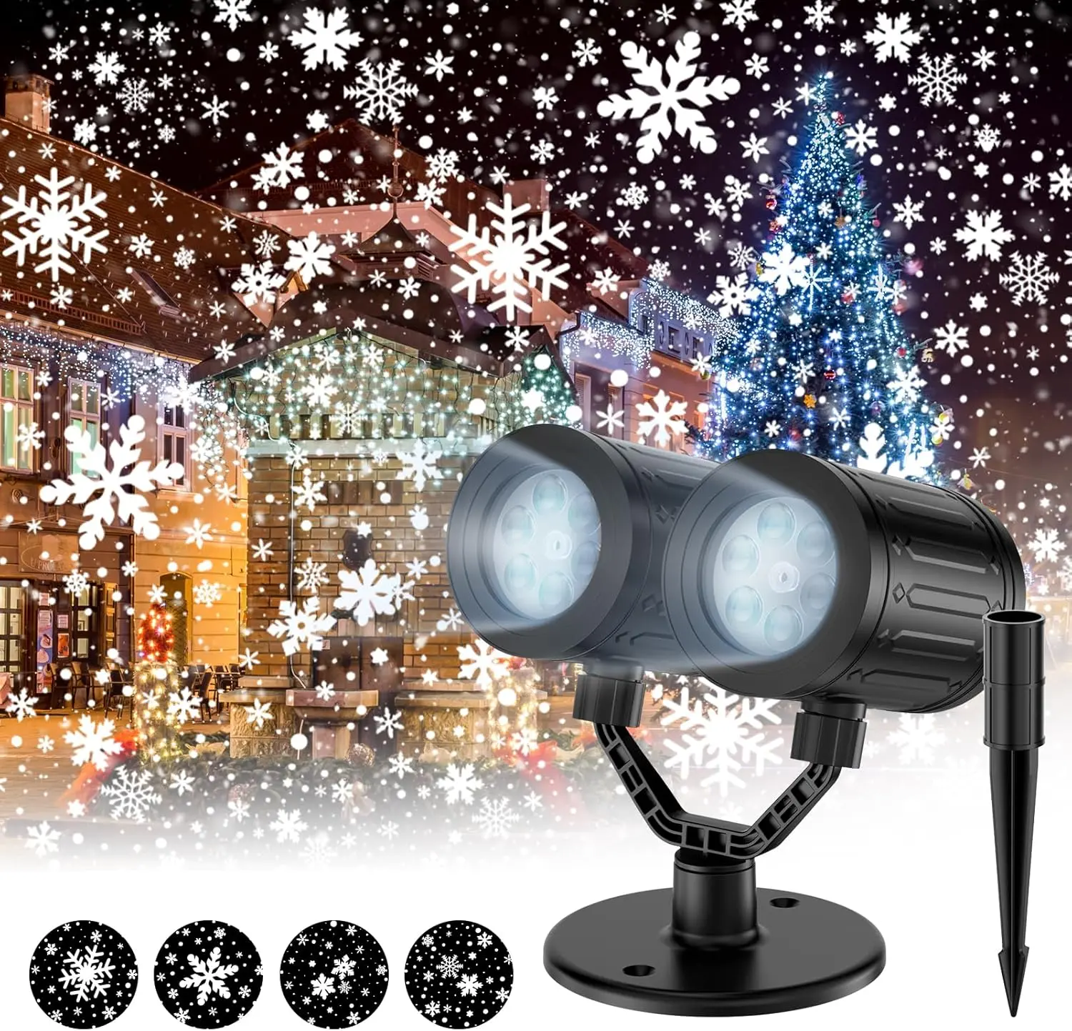 Christmas Snowflake Projector Lights Outdoor Timer Setting Double Head Snowfall LED Waterproof Landscape Decorative Lighting Projection Lamp for Xmas Holiday Wedding Indoor Garden Patio