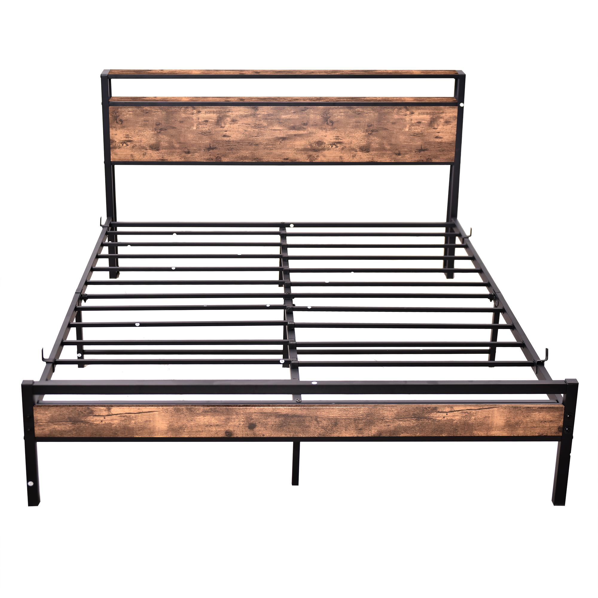 Different Size Metal Platform Bed Frame with Wooden Headboard and Footboard. Features robust metal slat support, no box spring required, delivering exceptional stability and a streamlined, modern aesthetic for your bedroom.