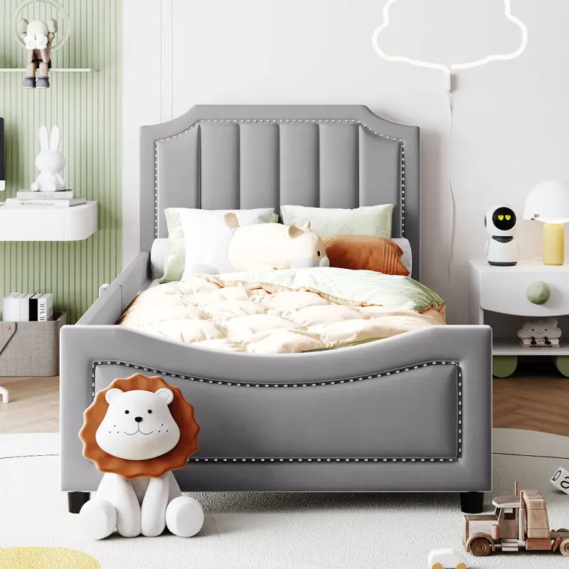 Twin Size Upholstered Daybed Frame, Velvet Twin Platform Bed with Classic Stripe Shaped Headboard and Reinforced Slats, No Box Spring Needed, Wood Twin Sofa Bed for Girls Boys