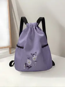 Floral Butterfly Print Drawstring Backpack, Large Capacity Durable Gym Bag, Adjustable Straps, Casual Travel Hiking Camping Bag, Multifunctional Sports Bag