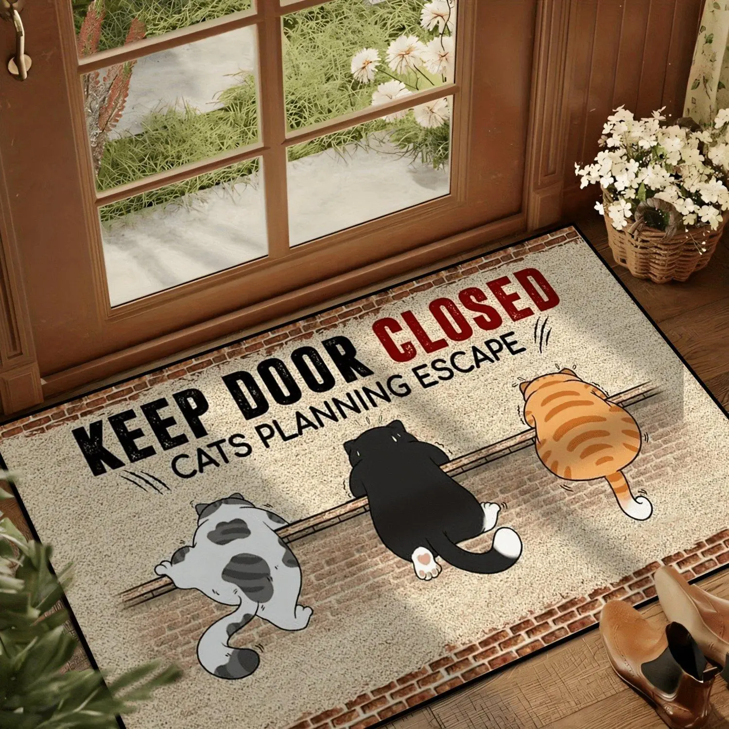 Cute Flannel Fabric Indoor Entry Doormat, Classic Multi-Size Non-Slip Floor Mat for Preventing Cat Escapes