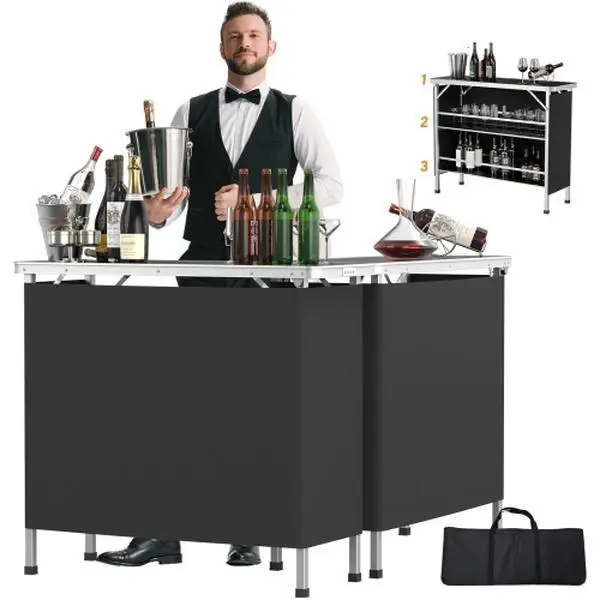 Black Aluminum Alloy Portable Outdoor Folding Bar Table - Rectangular, Railing Fabric, 110.5x38x88cm, 30kg Camping Folding Tables