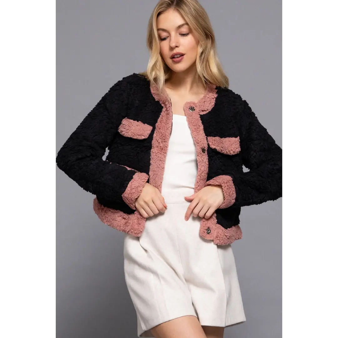Long Sleeve Pocket Detail Faux Fur Jacket Long Sleeve Pocket Detail Faux Fur Jacket