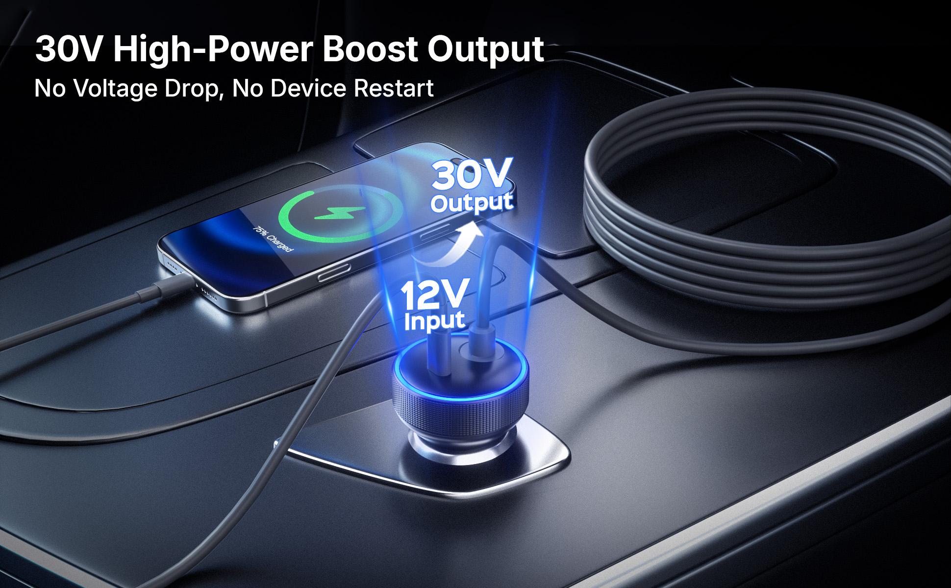 Starlink Mini Car Adapter 12V/24V to 30V DC Step-Up Converter, 30W USB-C Car Charger with Blue Indicator Light, Starlink Mini Accessories