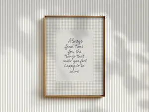 Unframed Gingham Graphic Wall Art Poster, Neutral Country Vibes Borderless Paper Decor with "Always Find Time" Quote, Multi-Size Cozy Inspirational Typography Home Decor