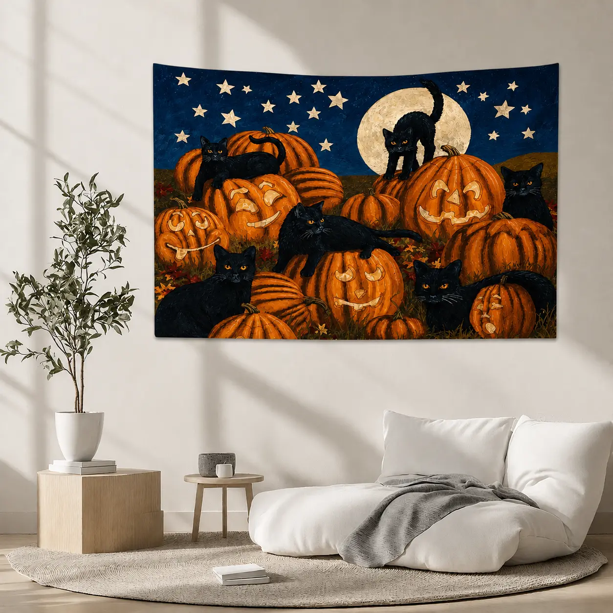 Black Cat & Pumpkin Halloween Tapestry, Vintage Oil Painting Wall Hanging, Spooky Full Moon Autumn Night Wall Decor for Bedroom Living Room Party