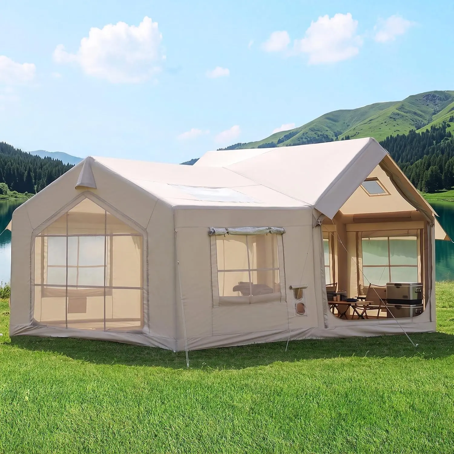 DFTYUFU Inflatable Camping Tent, 4/6/8/10/12 Person Easy Setup Blow Up Tent with Hand Pump, PU3000mm Waterproof 4 Season Glamping Tent for Outdoor Camping